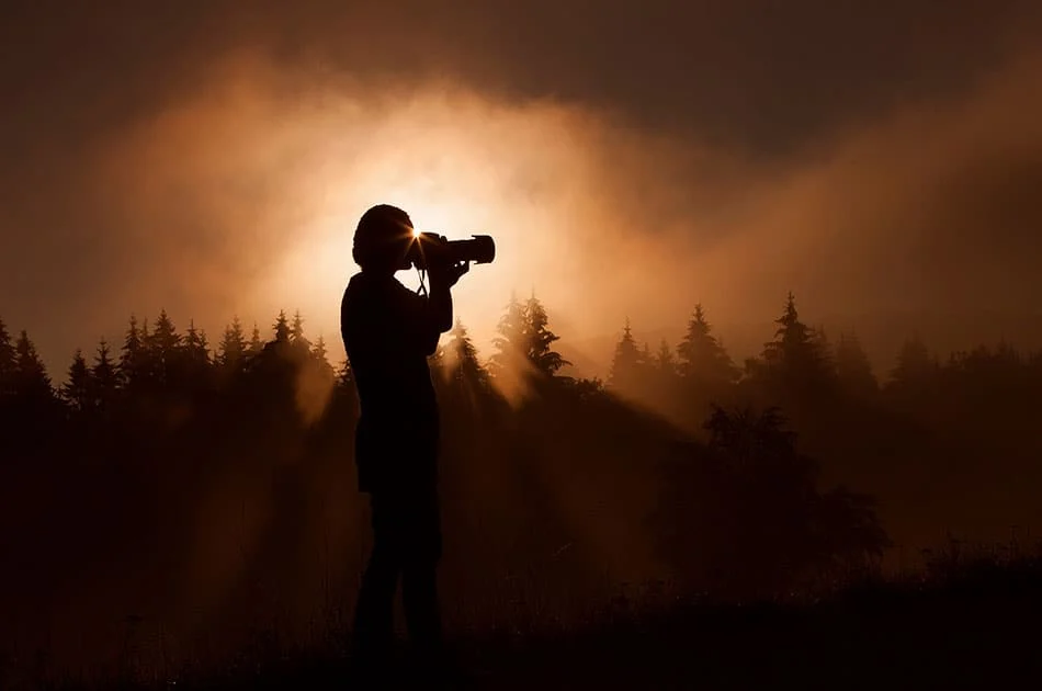 Silhouette of a person taking a photo with a camera against a dramatic New Forest sunrise, with trees and mist in the background and rays of light streaming through the sky—perfect inspiration for any new artists programme.