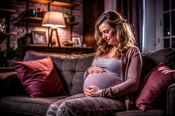 A pregnant woman sitting on a settee at dusk