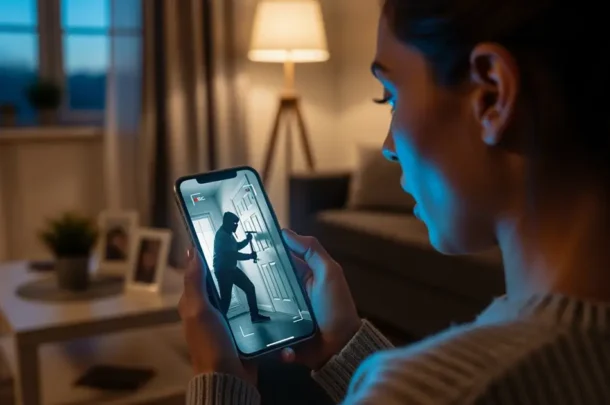 A woman in a dimly lit living room looks at her phone, which displays CCTV footage of a masked person attempting to break in—showing how register cameras can help fight crime and keep your home safe.
