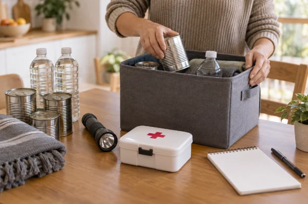 A person packing an emergency kit with tinned goods, water bottles, a first aid box, a torch, and a notebook on a wooden table.